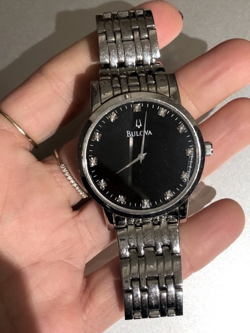 Bulova Silver Stainless Steel Watch with Black Dial and Diamonds (?)